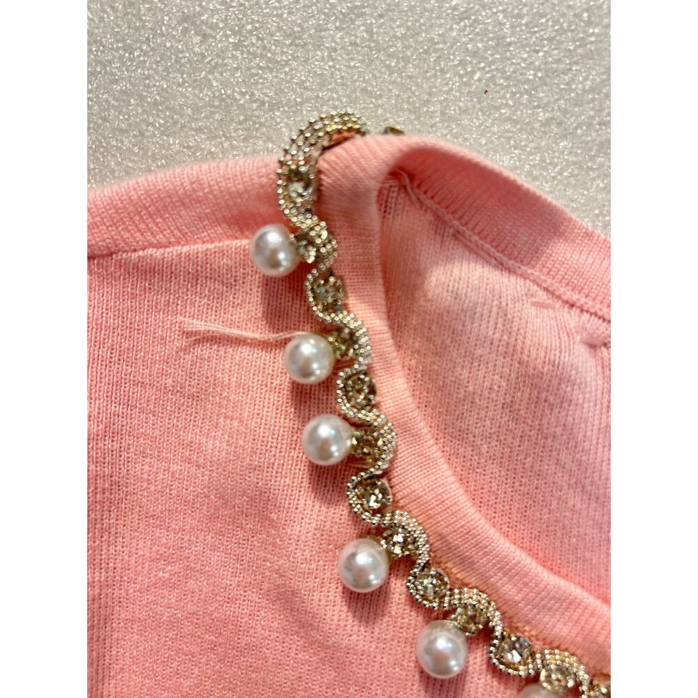 Flora Bea Pink Short-Sleeve Sweater With Pearl & Rhinestone Neckline Small - Picture 4 of 5